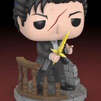 Custom Funko Pop φιγούρα του Higuruma από τα Culling Games του Jujutsu Kaisen, με κοστούμι, κίτρινο ξίφος και βάση που μοιάζει με σκηνή μάχης.
